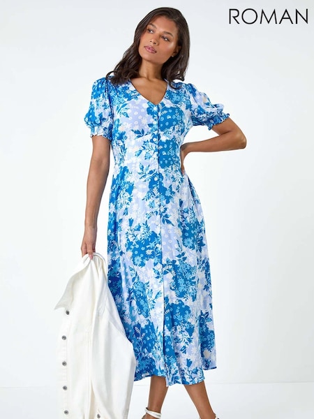 Roman Blue Button Through Floral Print Shirred Midi Dress (AA0888) | €58