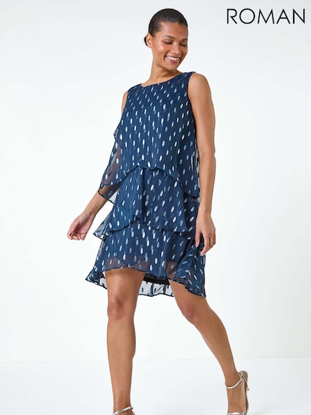 Roman Blue Shimmer Foil Print Tiered Dress (AA0899) | € 86