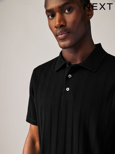 Black Slim Fit Textured Button Neck 100% Cotton Polo Shirt (AA1093) | €34
