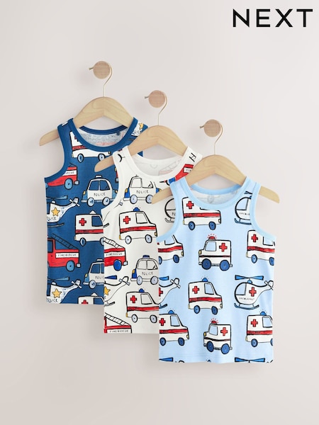 Red/Blue Emergency Vehicles 100% Cotton Vests 3 Pack (1.5-10yrs) (AA1095) | €11 - €13