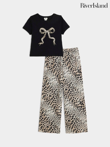 River Island Girls Leopard Print Bows Wide Leg 100% Cotton Trousers Set (AA1105) | 116 LEI
