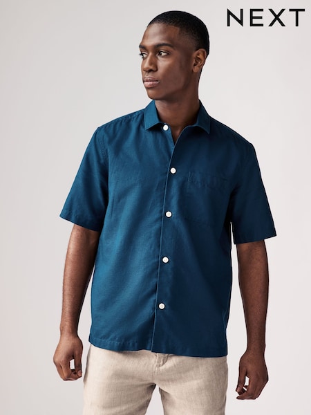 Navy Blue Standard Collar Cotton Linen Blend Short Sleeve Shirt (AA1145) | €32