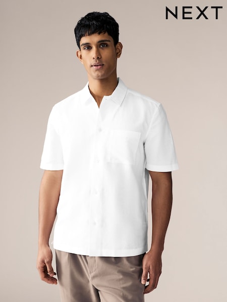 White Standard Collar Cotton Linen Blend Short Sleeve Shirt (AA1146) | AED122