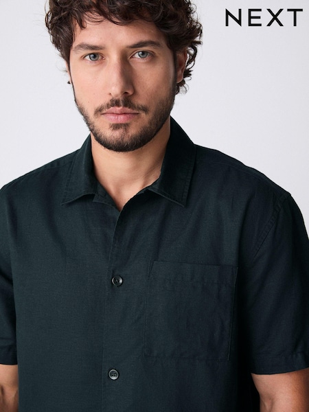 Black Standard Collar Cotton Linen Blend Short Sleeve Shirt (AA1148) | €30