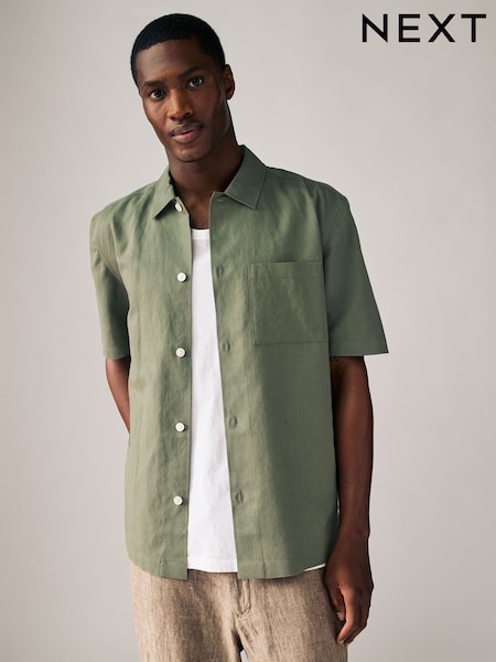 Dark Green Standard Collar Cotton Linen Blend Short Sleeve Shirt (AA1149) | €36