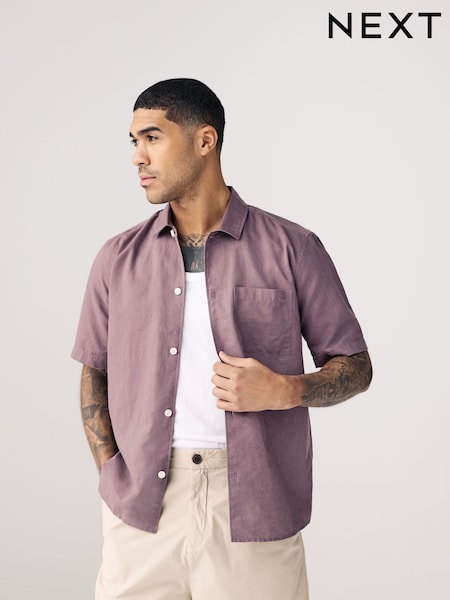 Mauve Purple Standard Collar Cotton Linen Blend Short Sleeve Shirt (AA1152) | €30