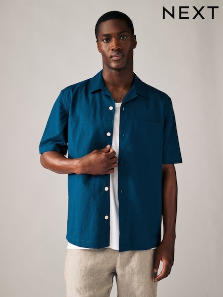 Navy Blue Cuban Collar Cotton Linen Blend Short Sleeve Shirt (AA1153) | €37