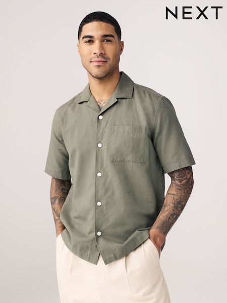 Dark Green Cuban Collar Cotton Linen Blend Short Sleeve Shirt (AA1156) | €32