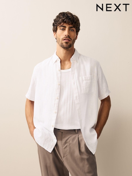 לבן - צווארון רגיל - Cotton Linen Blend Short Sleeve Shirt (AA1160) | ‏96‏₪