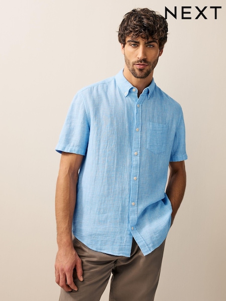 כחול  - צווארון רגיל - Cotton Linen Blend Short Sleeve Shirt (AA1163) | ‏96‏₪