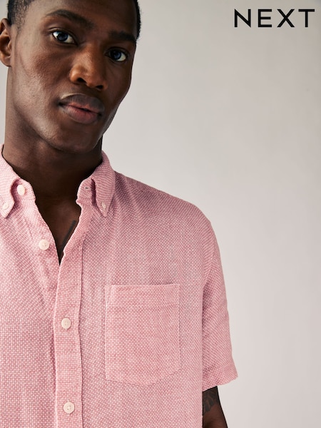 ורוד - צווארון רגיל - Cotton Linen Blend Short Sleeve Shirt (AA1164) | ‏96‏₪