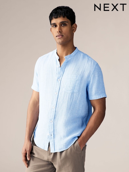 Blau - Grandad-Kragen - Cotton Linen Blend Short Sleeve Shirt (AA1166) | 42 €