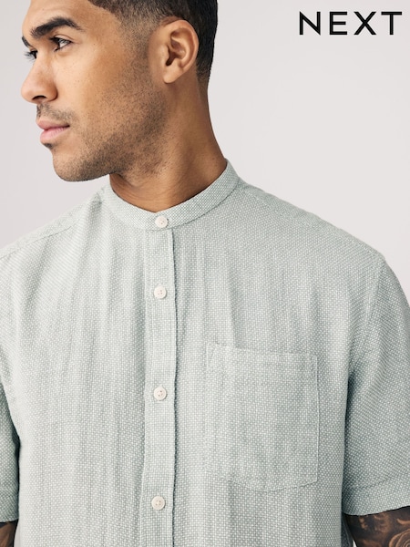 ירוק - צווארון סבא. - Cotton Linen Blend Short Sleeve Shirt (AA1168) | ‏96‏₪
