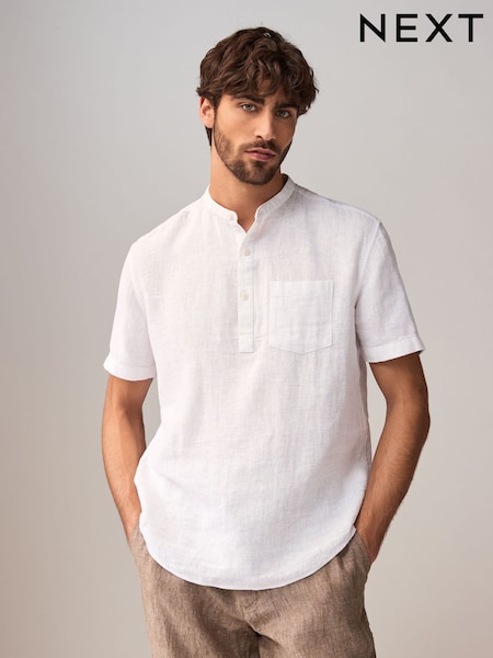 לבן - ללא רכיסה - Cotton Linen Blend Short Sleeve Shirt (AA1169) | ‏96‏₪