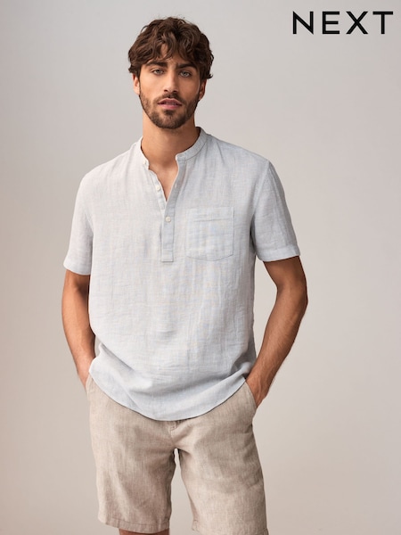 Grey Overhead Cotton Linen Blend Short Sleeve Shirt (AA1170) | €30