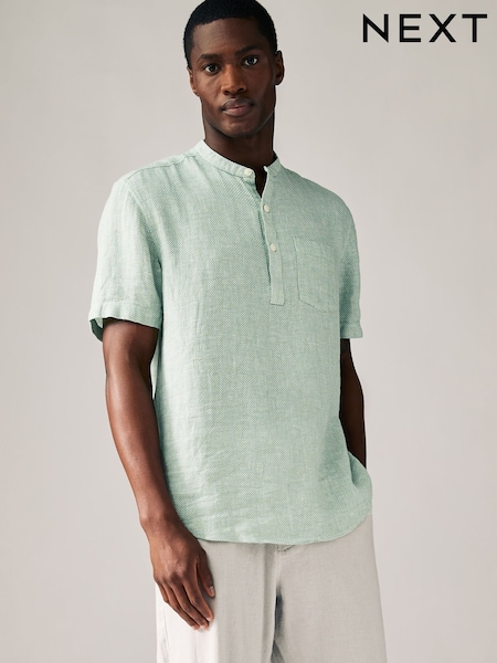 Green Overhead Cotton Linen Blend Short Sleeve Shirt (AA1172) | €32