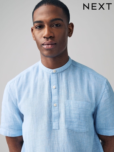 Blue Overhead Cotton Linen Blend Short Sleeve Shirt (AA1173) | €32