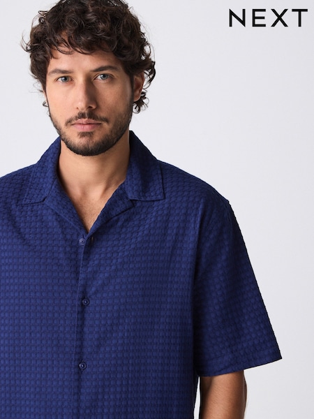 Navy Blue Short Sleeve Textured Waffle 100% Cotton Shirt (AA1174) | R$ 285