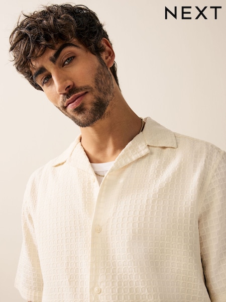 Ecru Short Sleeve Textured Waffle 100% Cotton Shirt (AA1175) | €32