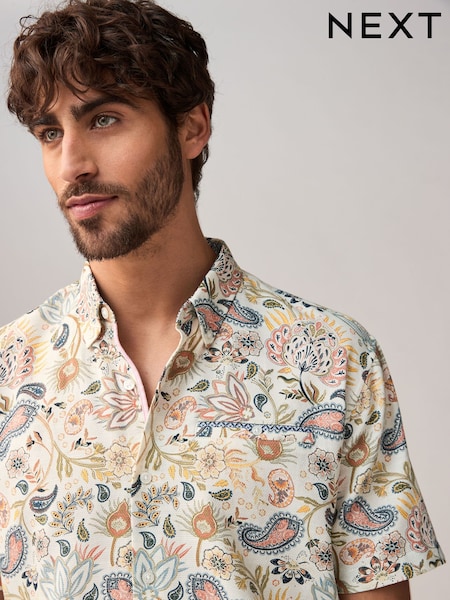 Белый - Short Sleeve Textured Floral Printed 100% Cotton Shirt (AA1178) | €34
