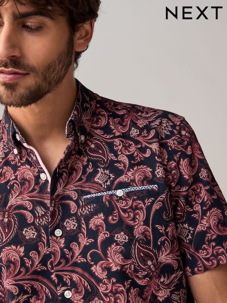 Navy Blue Short Sleeve Textured Floral Printed 100% Cotton Shirt (AA1179) | €17