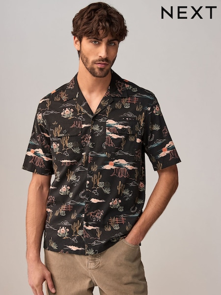 Black Western Style Printed Short Sleeve Shirt With Cuban Collar (AA1180) | €34