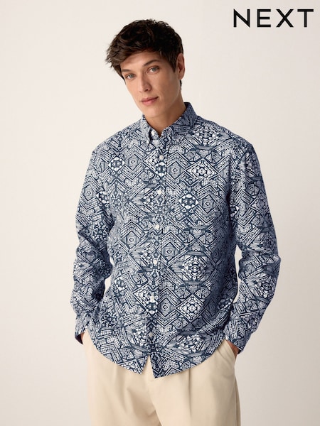 Navy Blue Long Sleeve Printed Shirt (AA1182) | R$ 305