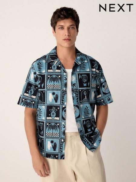 Albastru - Short Sleeve Tile Printed Shirt (AA1184) | 142 LEI