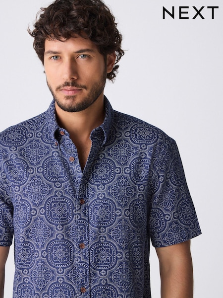 Navy Blue Printed Tile Short Sleeve 100% Cotton Shirt (AA1186) | R$ 285