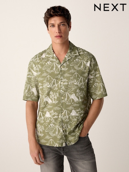Green/White Western Style Printed Short Sleeve Shirt With Cuban Collar (AA1187) | €34