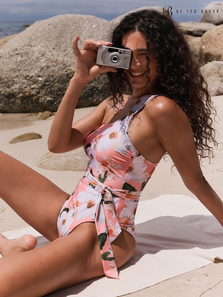B by Ted Baker Coral Pink Floral Tummy Control One Shoulder Swimsuit (AA1277) | €85