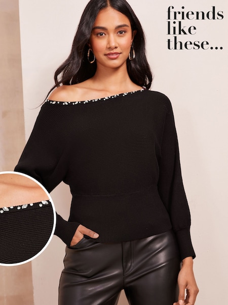 Friends Like These Black Embellished Off The Shoulder Jumper (AA1404) | 131 QAR