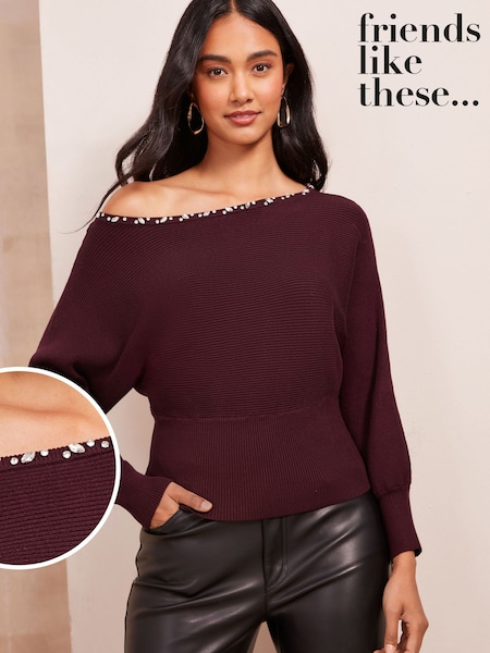 Friends Like These Red Embellished Off The Shoulder Jumper (AA1406) | €22