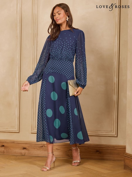 Blue - Love & Roses Chiffon Godet Skirt Midi Dress
