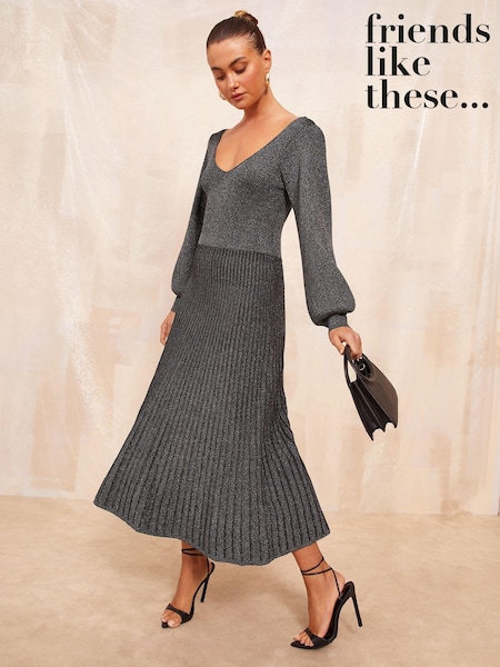 Friends Like These Grey Petite V Neck Metallic Knitted Dress (AA1505) | €42
