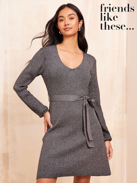 Friends Like These Black Belted Metallic V Neck Dress (AA1515) | €15.50