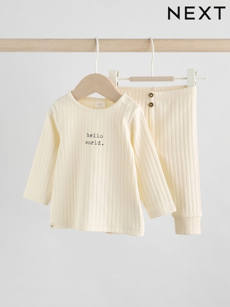 Cream/Grey Slogan Hello World Baby Top and Leggings Set 2 Piece (0mths-2yrs) (AA1659) | €15 - €18