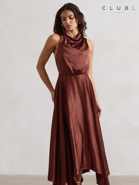 Club L London Brown Kerri Satin Cowl-Neck Maxi Dress (AA1671) | €58