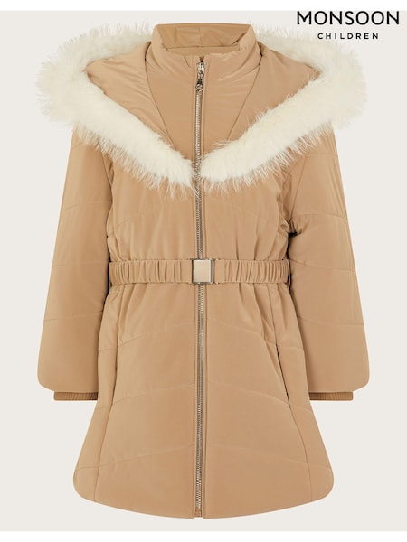 Monsoon Cream Padded Faux Fur Trim Belted Coat (AA1891) | ₪302 - ₪352