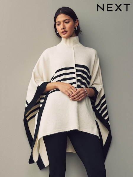 Blanc/Noir - Striped Knitted Poncho (AA1914) | 57 €