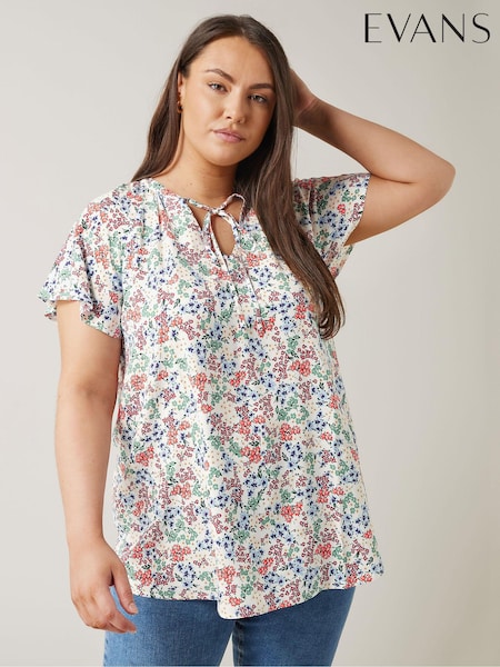 Evans Curve Floral Print Tie Neck White Blouse (AA1920) | €21.50