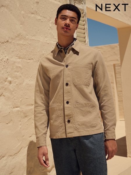 Stone 100% Cotton Seersucker Shacket Overshirt (AA1938) | R$ 385