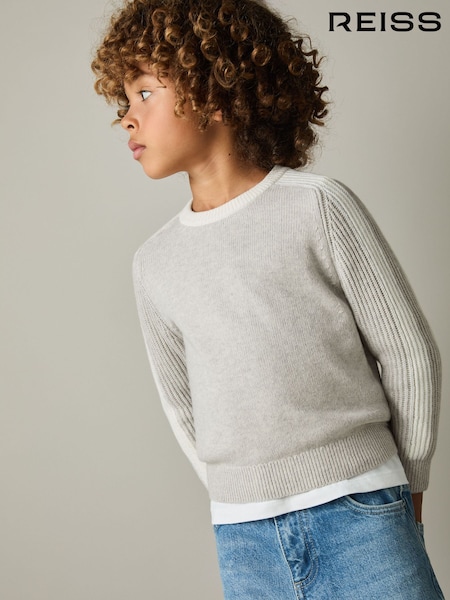 Reiss Grey/White Amis 4-9 yrs Ribbed-Sleeve Jumper with Cotton and Wool (AA1950) | €58