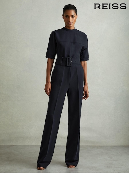 Reiss Navy June Wide Leg Belted Jumpsuit (AA1960) | €349
