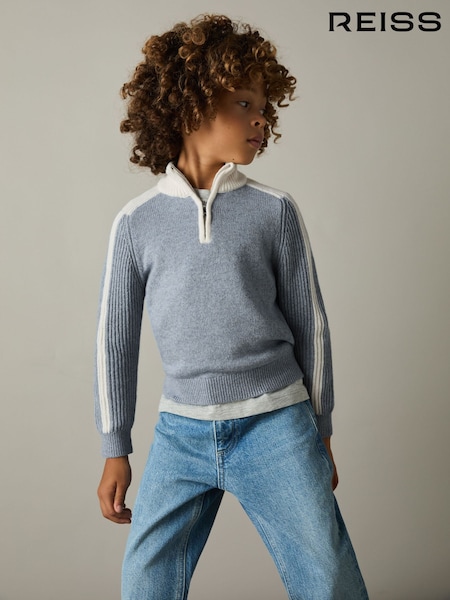 Reiss Blue/White Carnellis 3-9 yrs Zipped Funnel-Neck Jumper with Wool and Cotton (AA1962) | €27