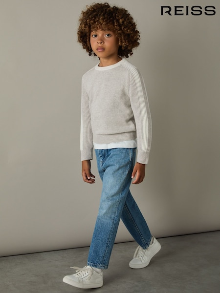 Reiss Grey/White Amis 9-13 yrs Ribbed-Sleeve Jumper with Cotton and Wool (AA1968) | €64