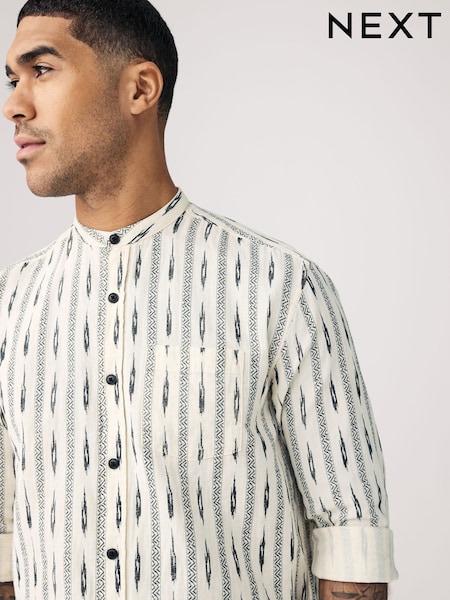 White Long Sleeve 100% Cotton Printed Shirt with Grandad Collar (AA1985) | R$ 335
