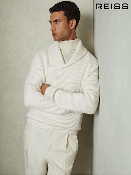 Reiss White Dewhirst Ribbed Shawl Collar Jumper with Cotton and Wool (AA2028) | €85