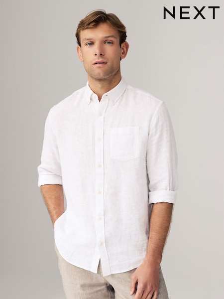 לבן - צווארון רגיל - Cotton Linen Blend Long Sleeve Shirt (AA2092) | ‏103‏₪