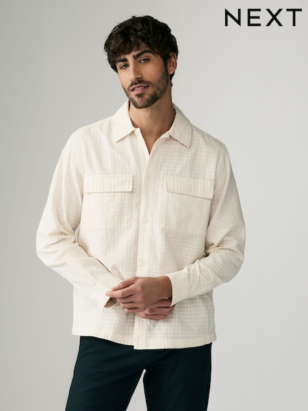 Ecru Textured Waffle Long Sleeve 100% Cotton Shirt (AA2093) | €51